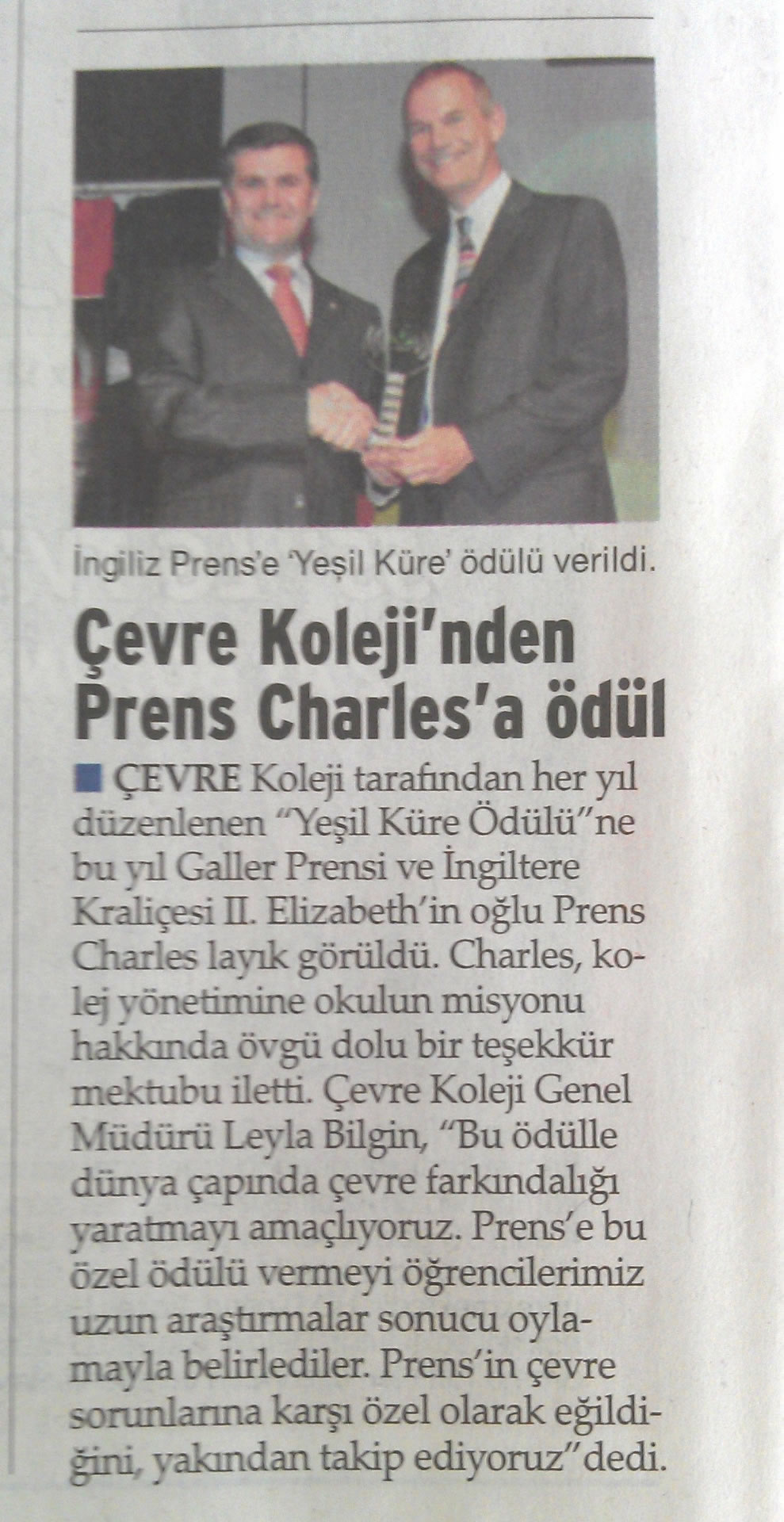 Çevre Koleji'nden Prens Charles'a ödül